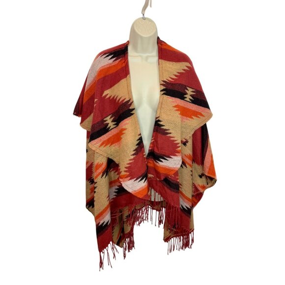 Free People Crossroads Oversized Poncho Red Tan Black NWOT OS - Picture 2 of 4
